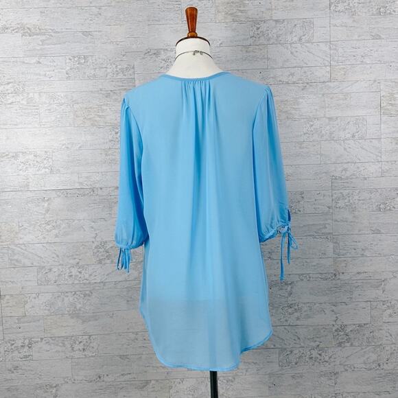 Blue 3/4 sleeve silky tunic blouse with keyhole / peasant / career work business - Picture 3 of 5